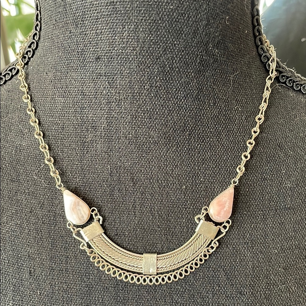 Vintage silver and rose quartz necklace. Hand made chain and closure.